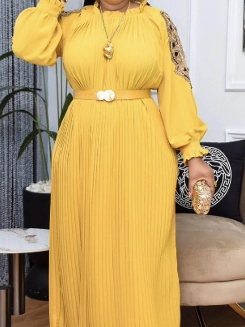 Pleated Mustard Yellow Long Sleeve Maxi Dress